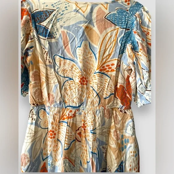 Band Of The Free Sky Blue Sand Floral Dress Size Small V-Neck & Puff Sleeve NWT - Picture 7 of 12